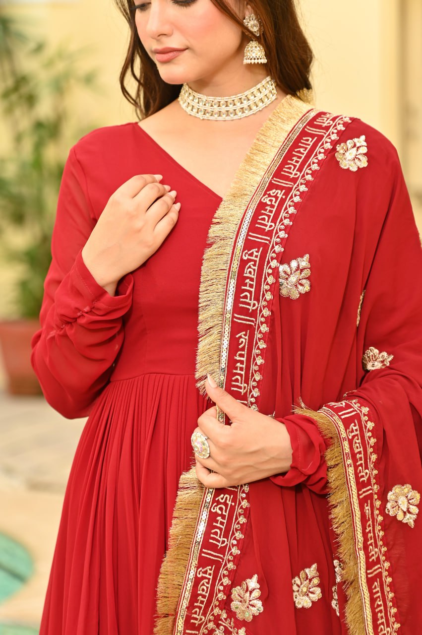 Red Color Embrooidered Designer Gown Set