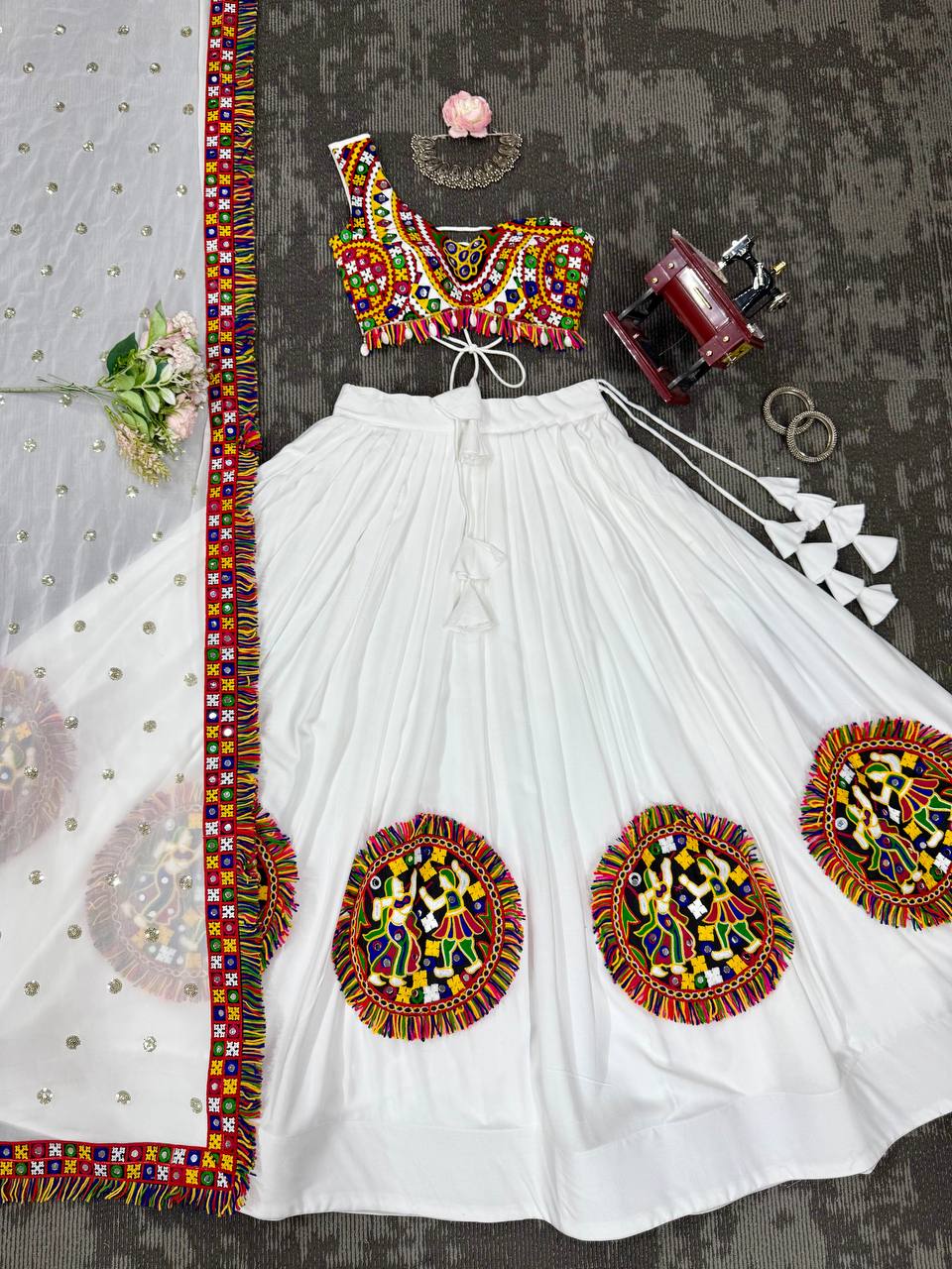 Arti Chauhan's White Color Gamthi Work Navratril Lehenga Choli
