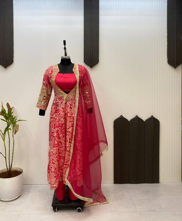 Trendy Red Color Printed Chinon With Embroidered And Real Mirror Work Salwar Suit