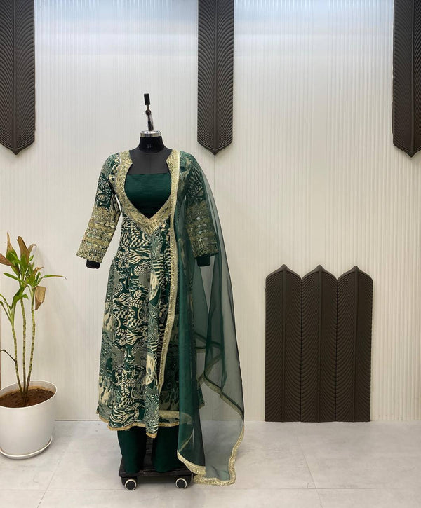 Trendy Green Color Printed Chinon With Embroidered And Real Mirror Work Salwar Suit