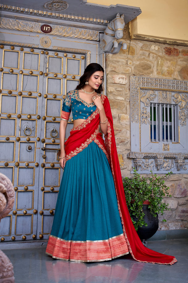 Traditional Wear Teal Color Vichitra Silk With Zari Weaving Work Lehenga Choli