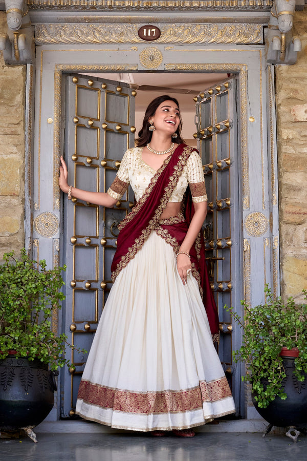 Traditional Wear White Color Vichitra Silk With Zari Weaving Work Lehenga Choli