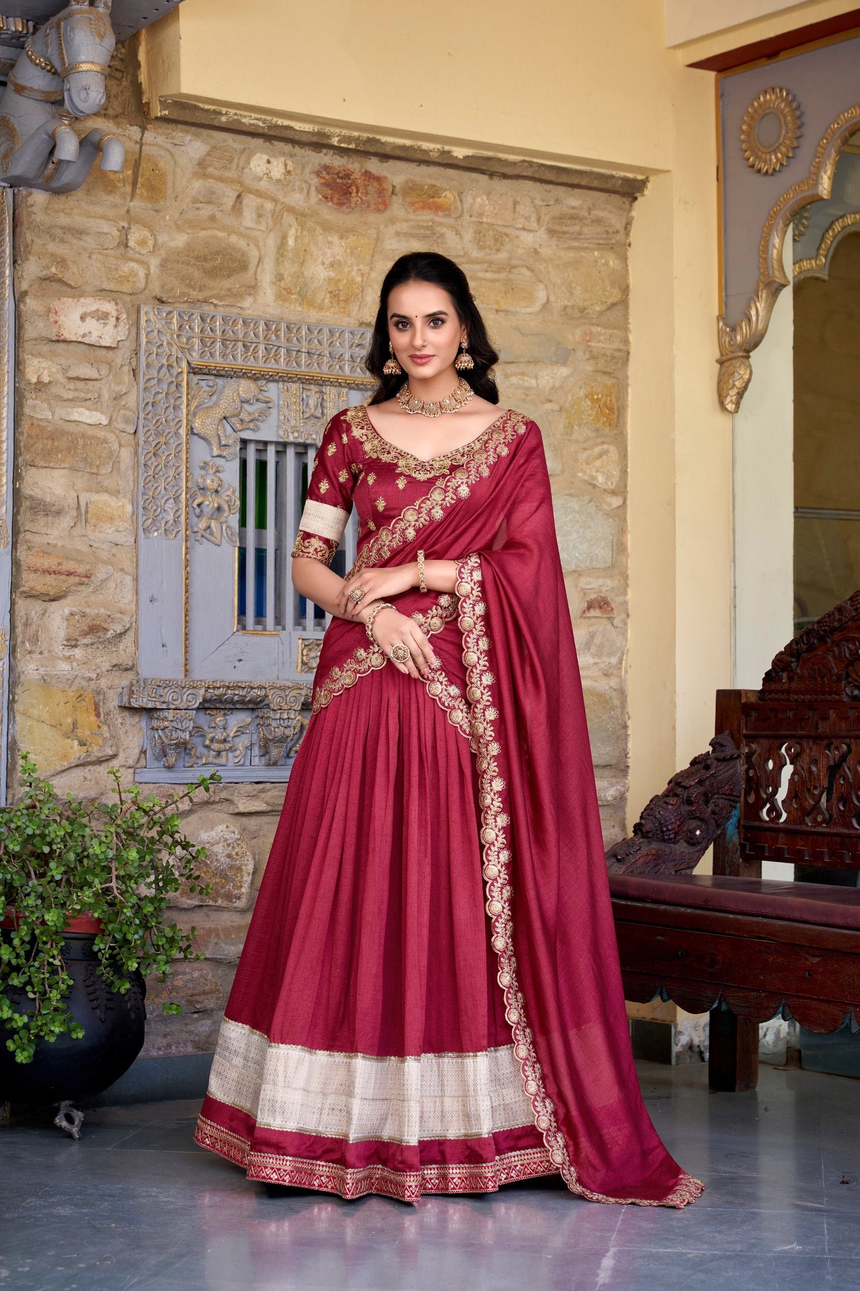 Traditional Wear Maroon Color Vichitra Silk With Zari Weaving Work Lehenga Choli