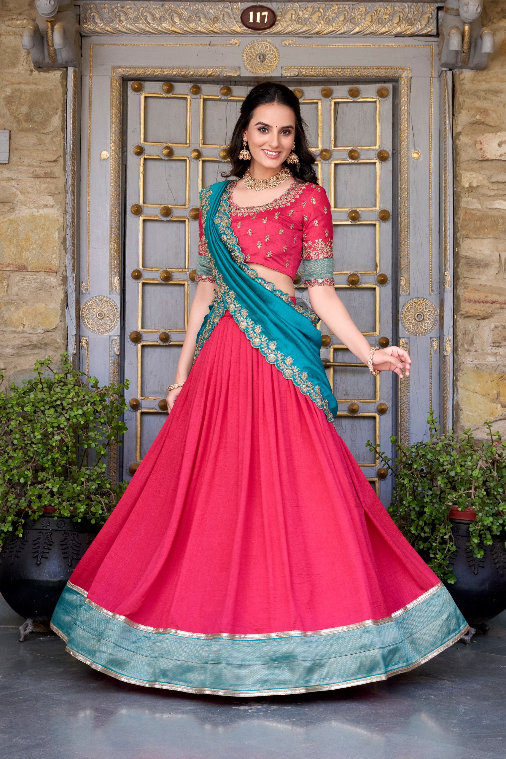Traditional Wear Pink Color Vichitra Silk With Zari Weaving Work Lehenga Choli