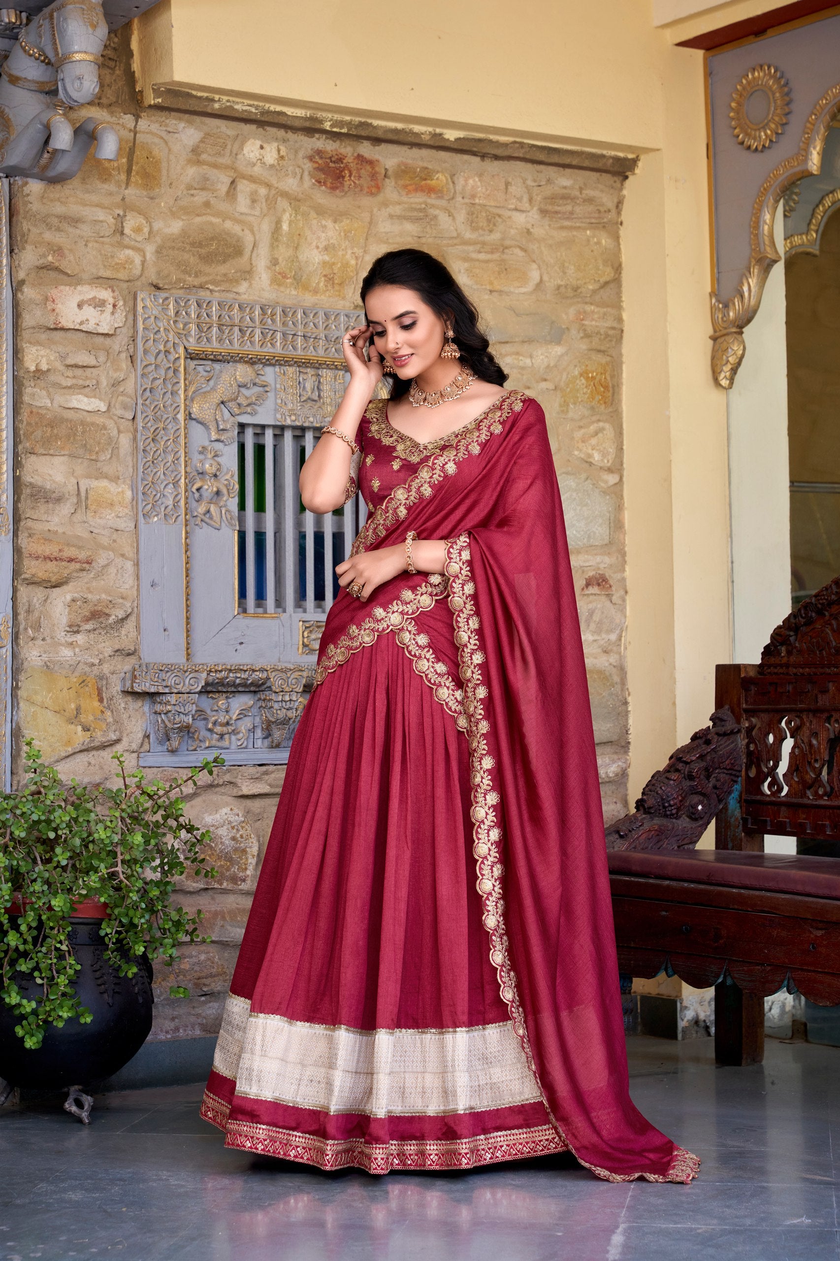 Traditional Wear Maroon Color Vichitra Silk With Zari Weaving Work Lehenga Choli