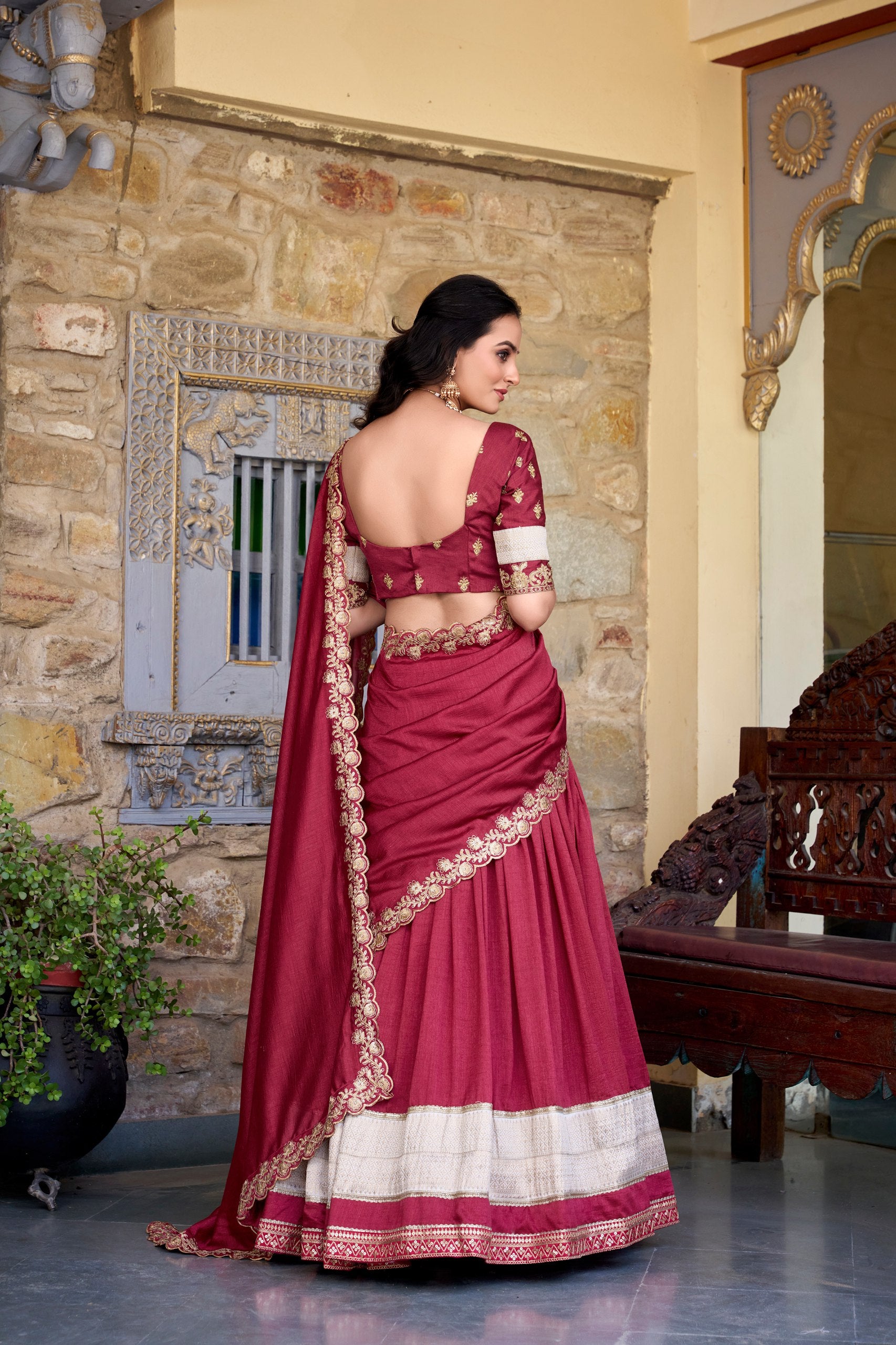 Traditional Wear Maroon Color Vichitra Silk With Zari Weaving Work Lehenga Choli