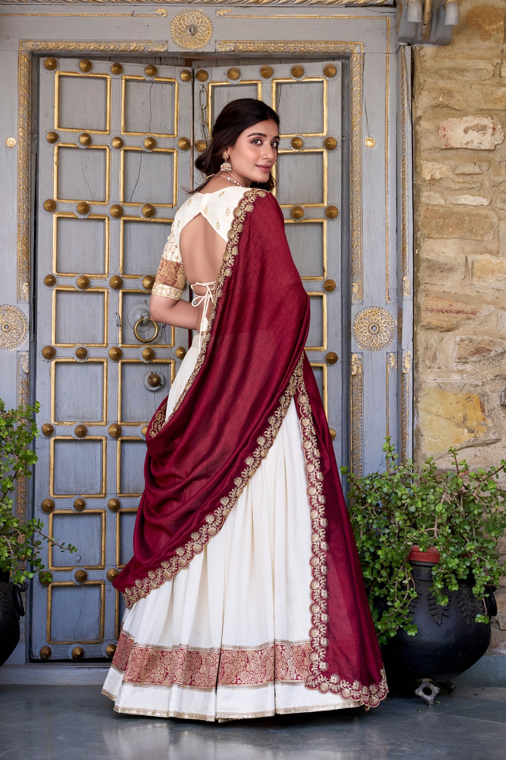 Traditional Wear White Color Vichitra Silk With Zari Weaving Work Lehenga Choli