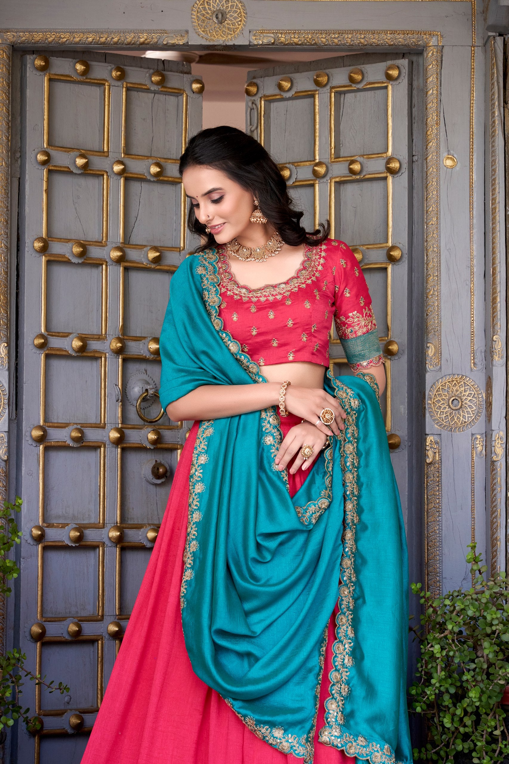 Traditional Wear Pink Color Vichitra Silk With Zari Weaving Work Lehenga Choli