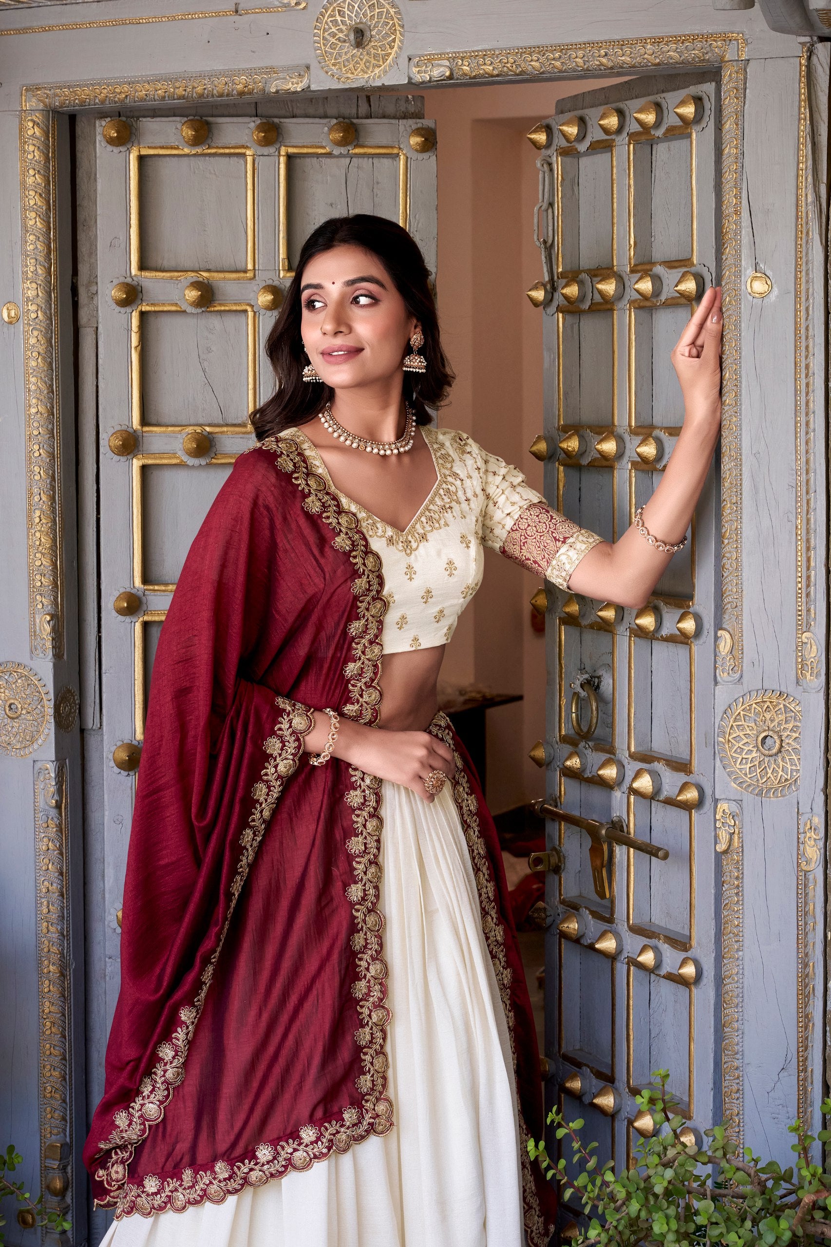 Traditional Wear White Color Vichitra Silk With Zari Weaving Work Lehenga Choli