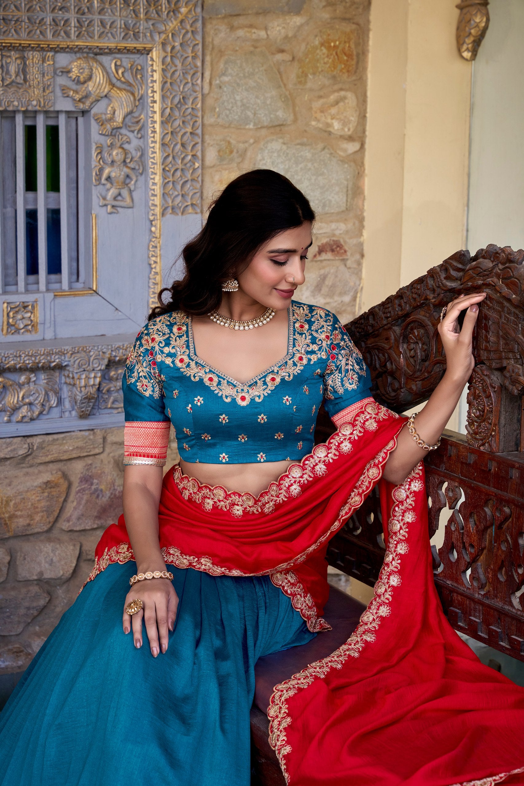 Traditional Wear Teal Color Vichitra Silk With Zari Weaving Work Lehenga Choli