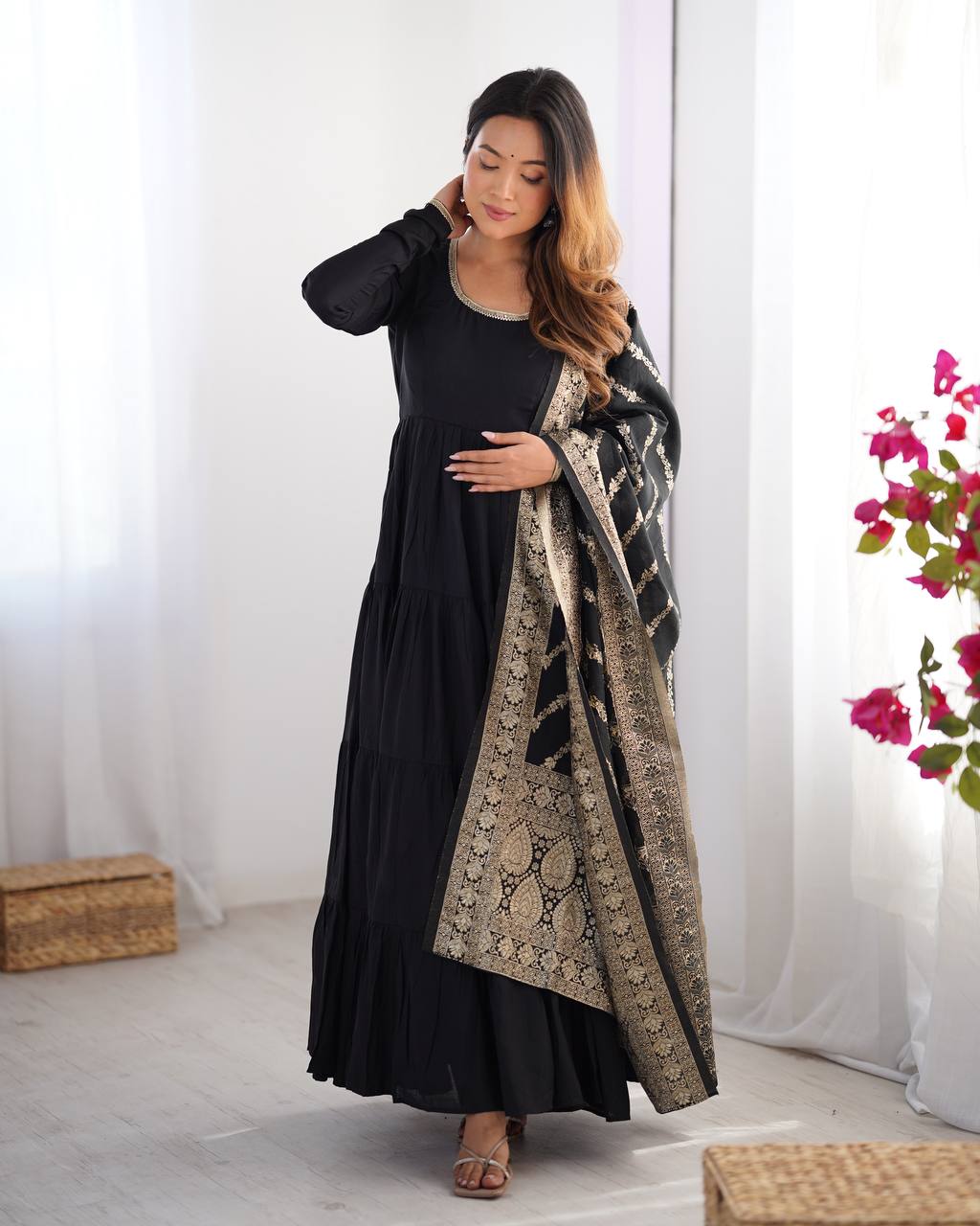 Marvelous Black Color Pure Roman Silk Chanderi Fabric Fully Flair Anarkali Gown