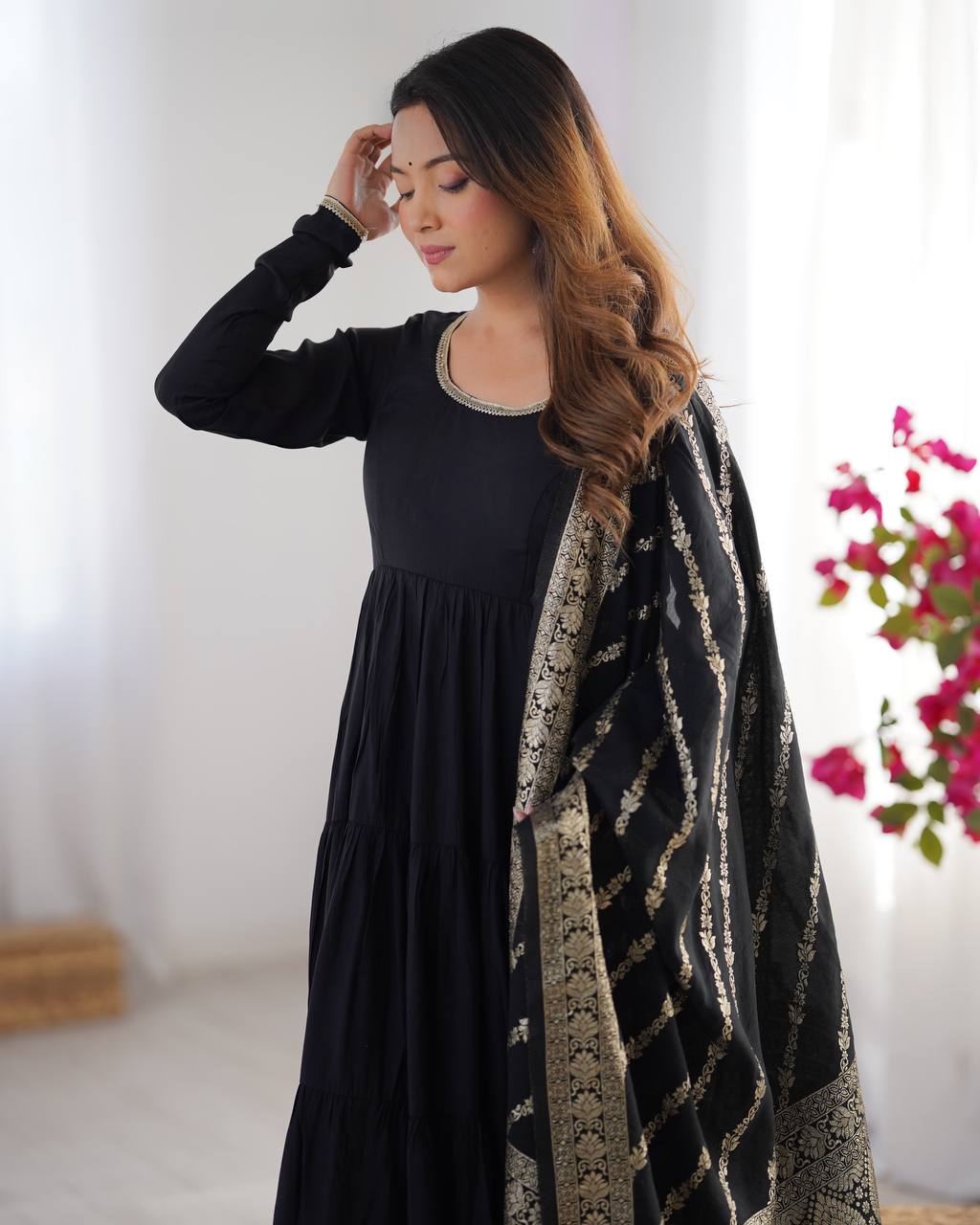 Marvelous Black Color Pure Roman Silk Chanderi Fabric Fully Flair Anarkali Gown