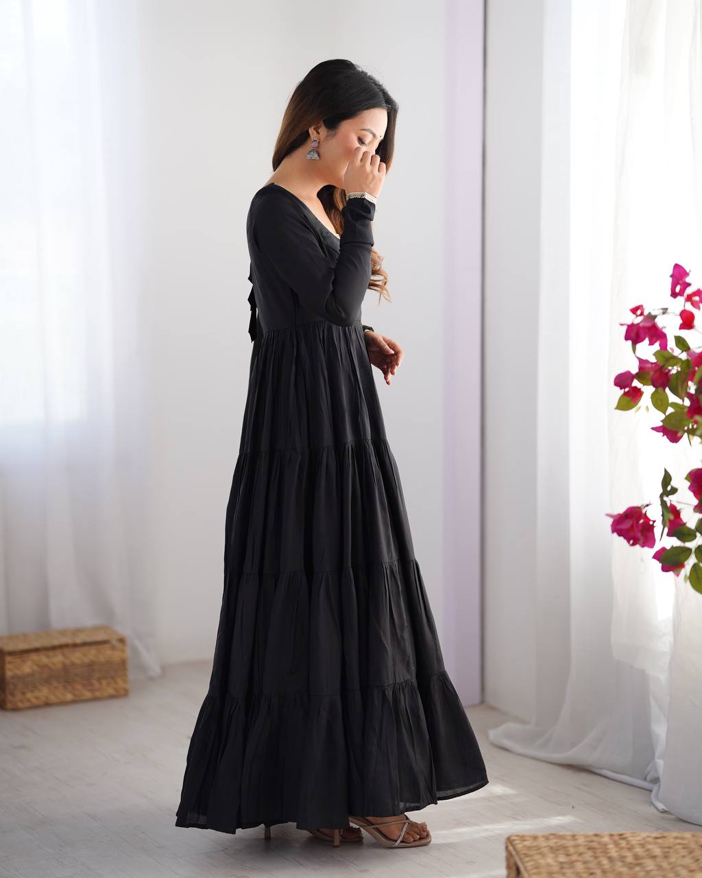 Marvelous Black Color Pure Roman Silk Chanderi Fabric Fully Flair Anarkali Gown