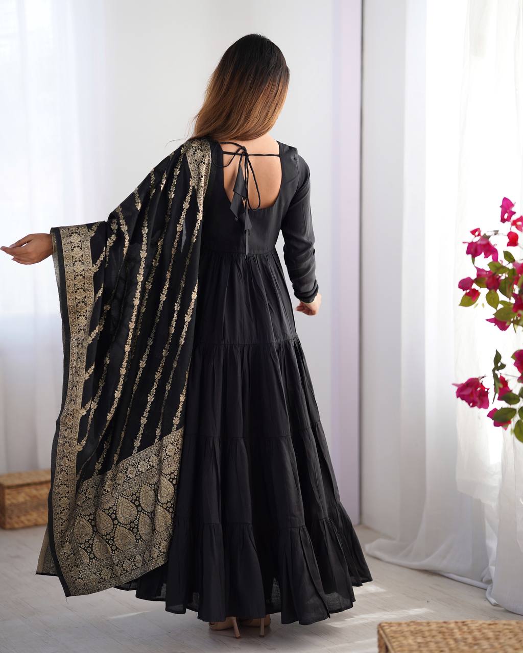 Marvelous Black Color Pure Roman Silk Chanderi Fabric Fully Flair Anarkali Gown