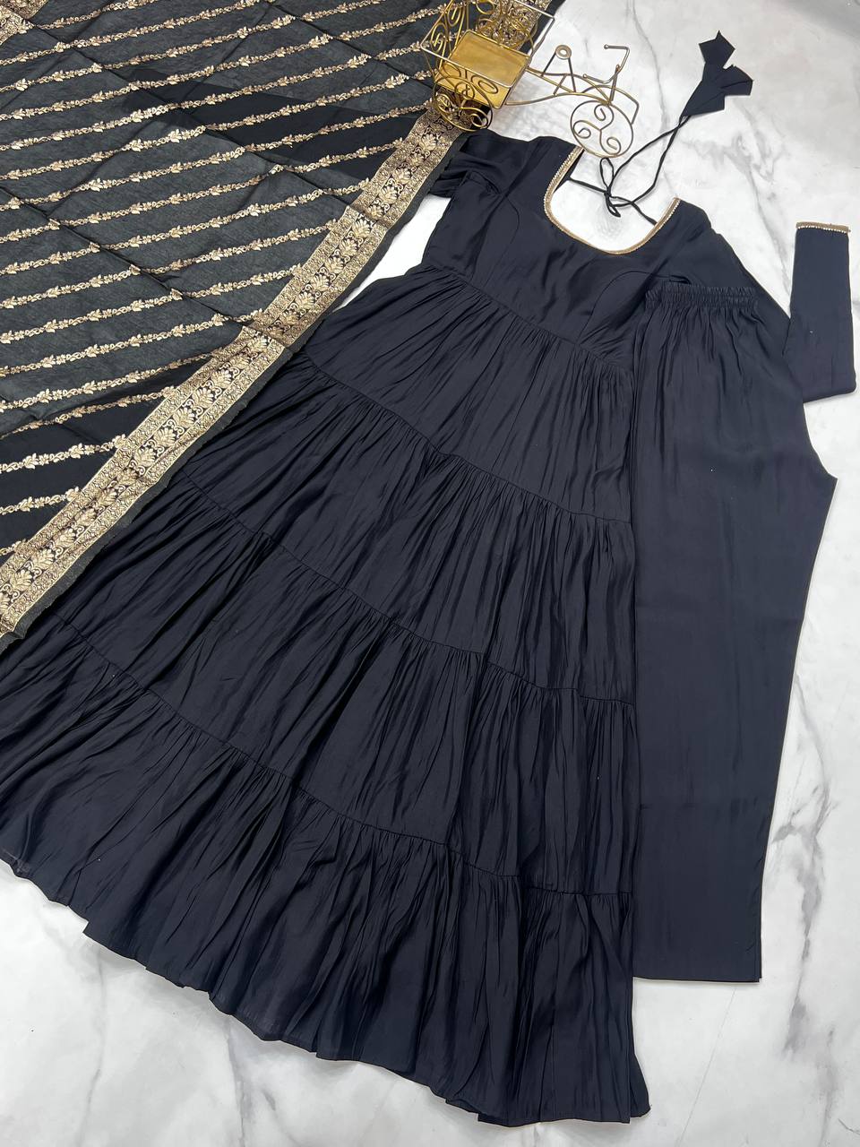 Marvelous Black Color Pure Roman Silk Chanderi Fabric Fully Flair Anarkali Gown