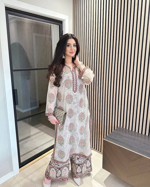 Wedding Wear Beautiful Heavy Faux Georgette With Embroidery Work Palazzo Suit