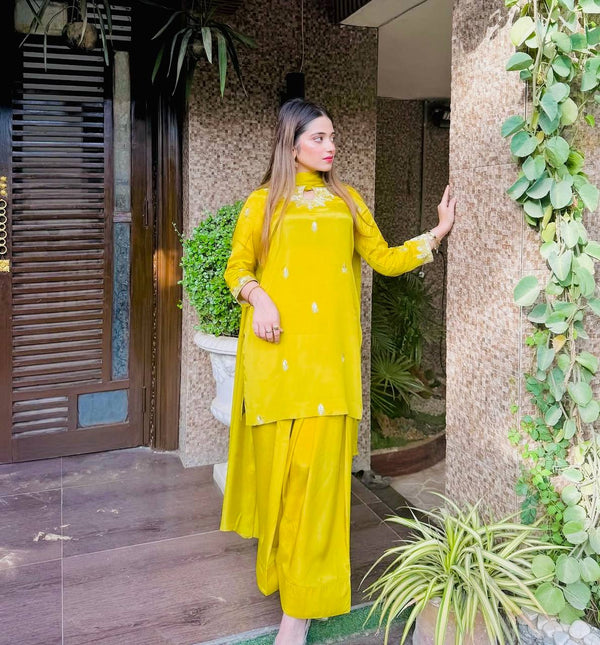 Exclusive Haldi Wear Yellow Color Pure Natural Satin Silk With Heavy Embroidery Sequence Work Palazzo Suit