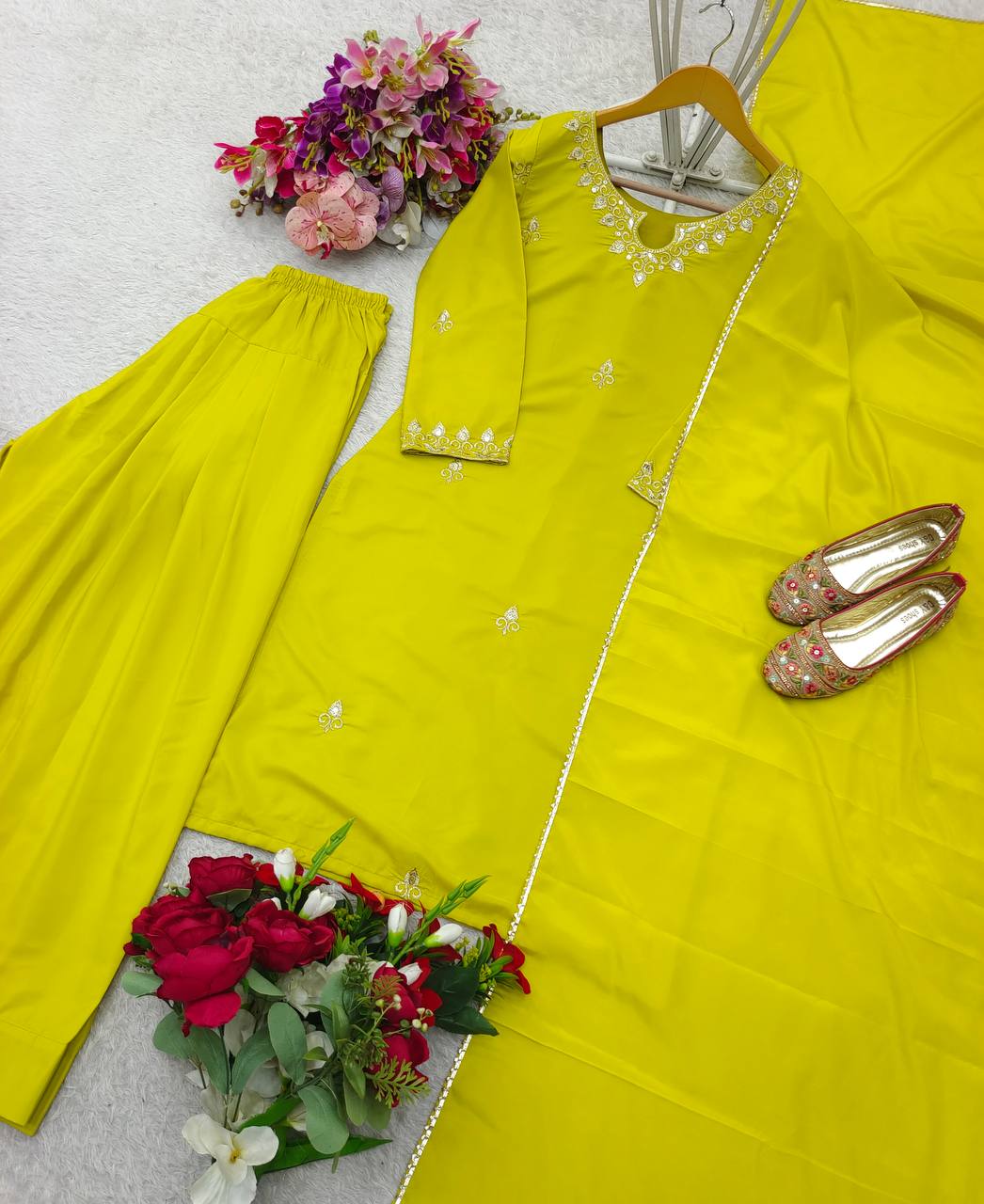 Exclusive Haldi Wear Yellow Color Pure Natural Satin Silk With Heavy Embroidery Sequence Work Palazzo Suit