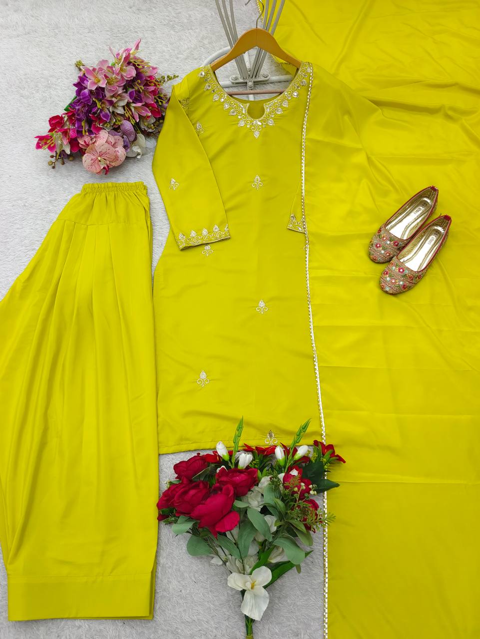 Exclusive Haldi Wear Yellow Color Pure Natural Satin Silk With Heavy Embroidery Sequence Work Palazzo Suit