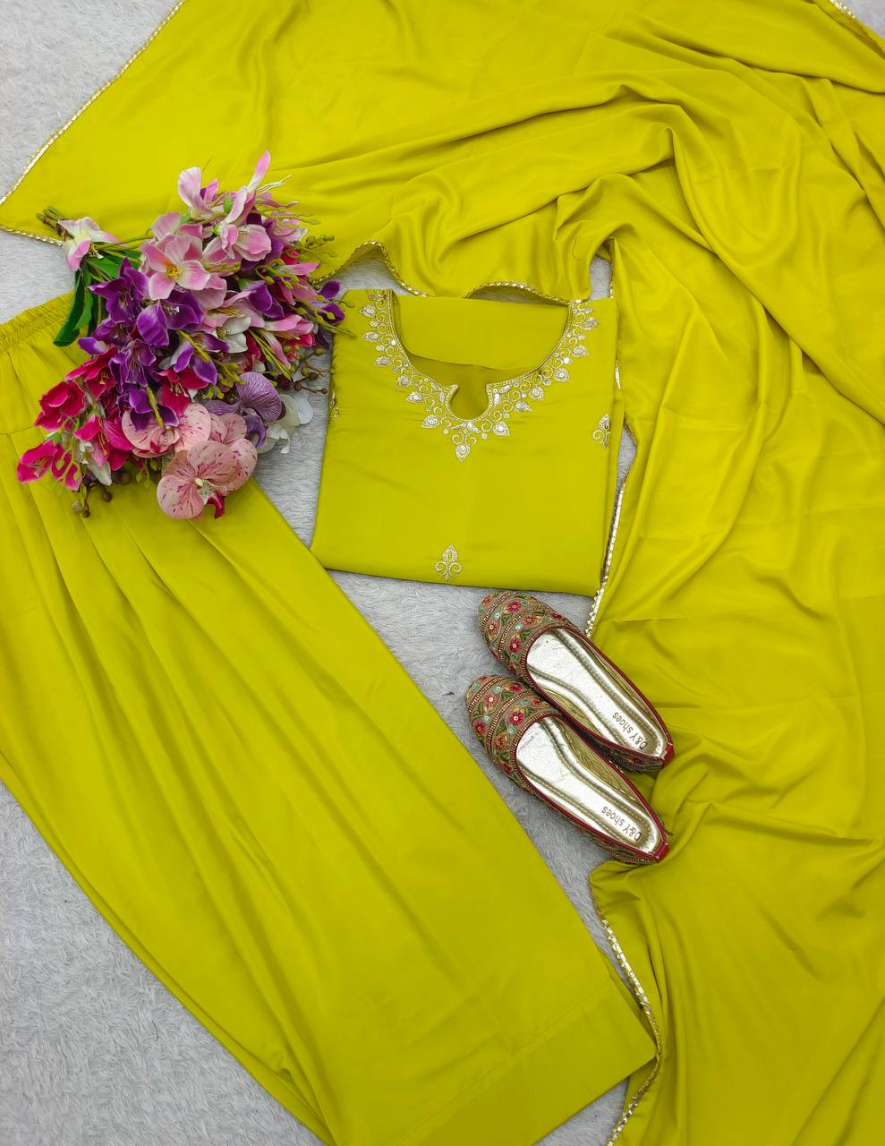 Exclusive Haldi Wear Yellow Color Pure Natural Satin Silk With Heavy Embroidery Sequence Work Palazzo Suit