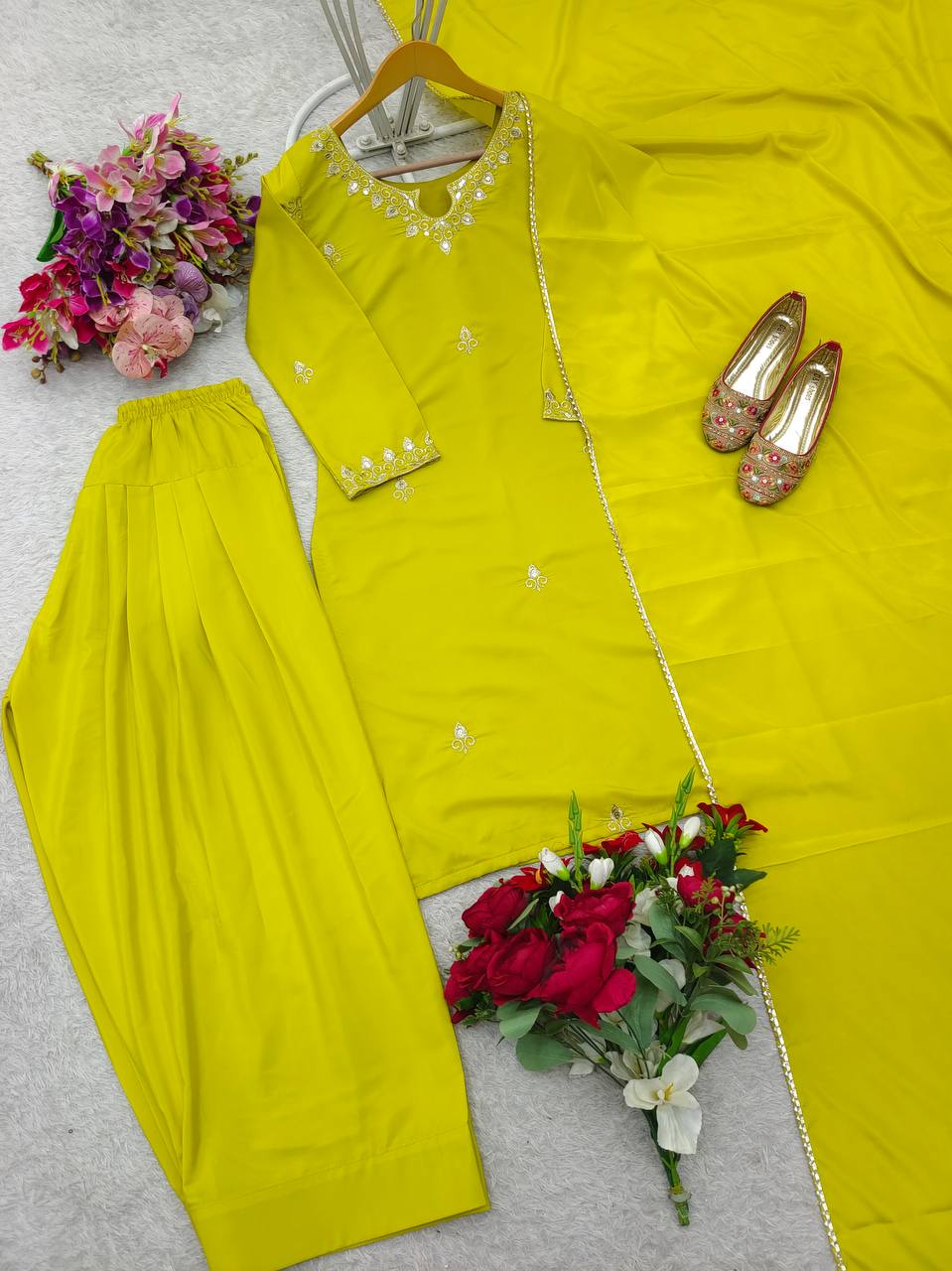 Exclusive Haldi Wear Yellow Color Pure Natural Satin Silk With Heavy Embroidery Sequence Work Palazzo Suit