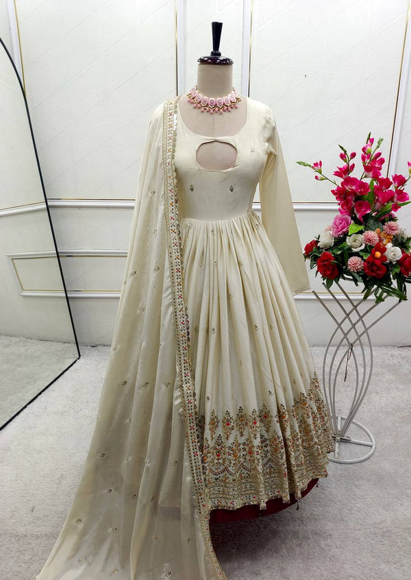 Wedding Wear White Color Pure Chinon Silk With Heavy Embroidery Sequence Work Anarkali Suit