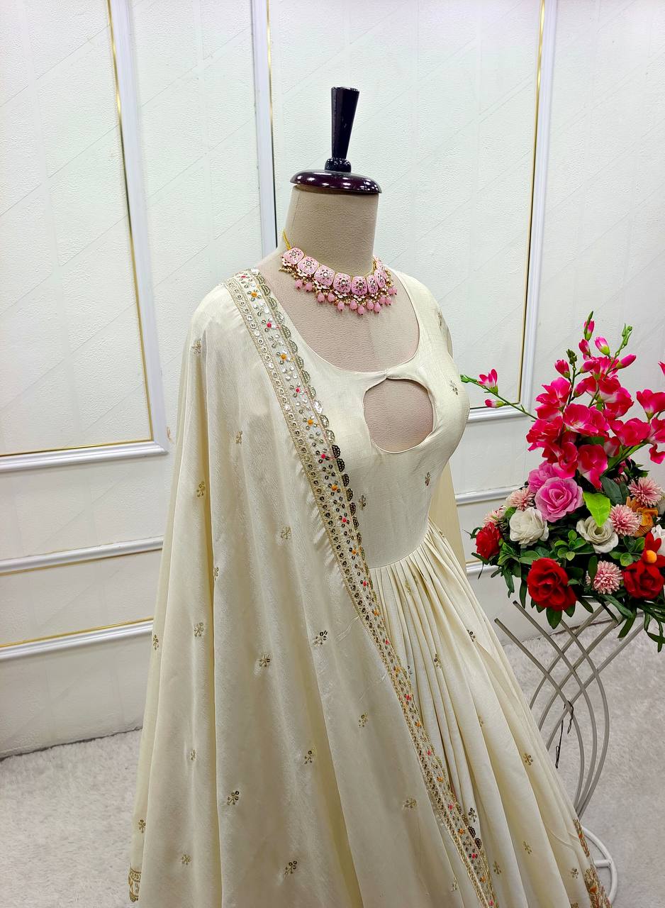 Wedding Wear White Color Pure Chinon Silk With Heavy Embroidery Sequence Work Anarkali Suit