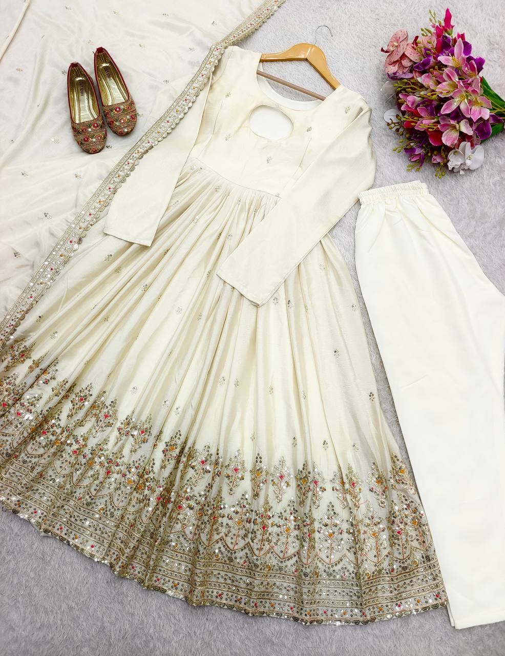 Wedding Wear White Color Pure Chinon Silk With Heavy Embroidery Sequence Work Anarkali Suit