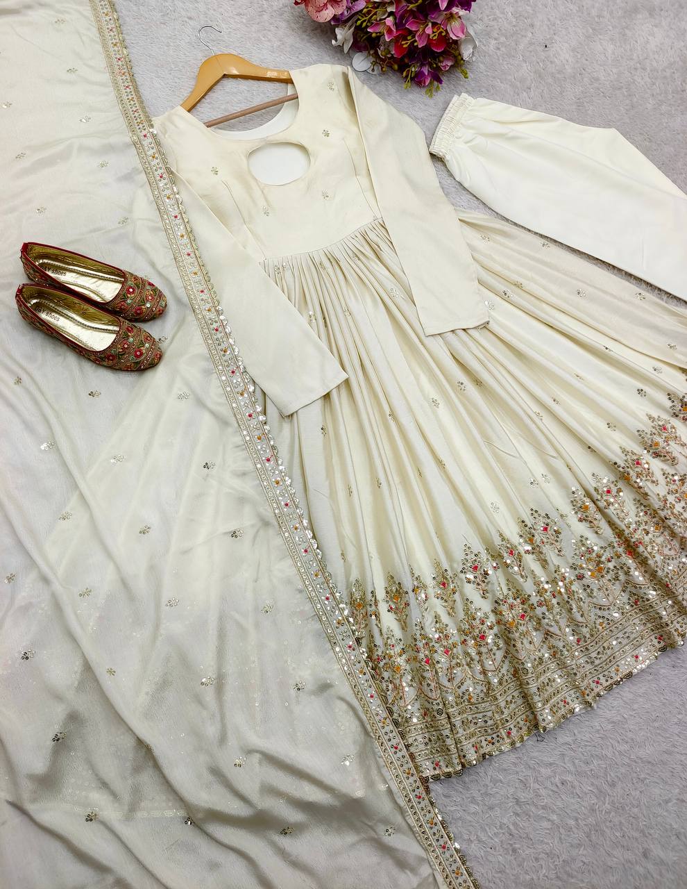 Wedding Wear White Color Pure Chinon Silk With Heavy Embroidery Sequence Work Anarkali Suit