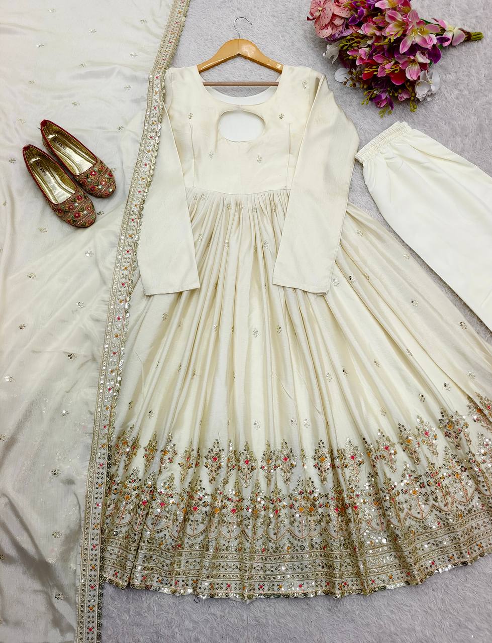 Wedding Wear White Color Pure Chinon Silk With Heavy Embroidery Sequence Work Anarkali Suit
