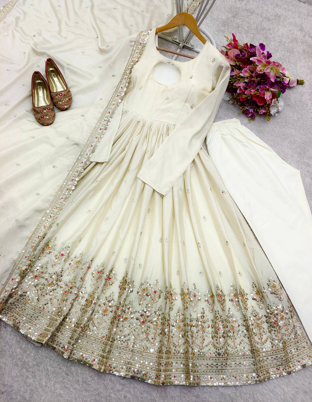 Wedding Wear White Color Pure Chinon Silk With Heavy Embroidery Sequence Work Anarkali Suit