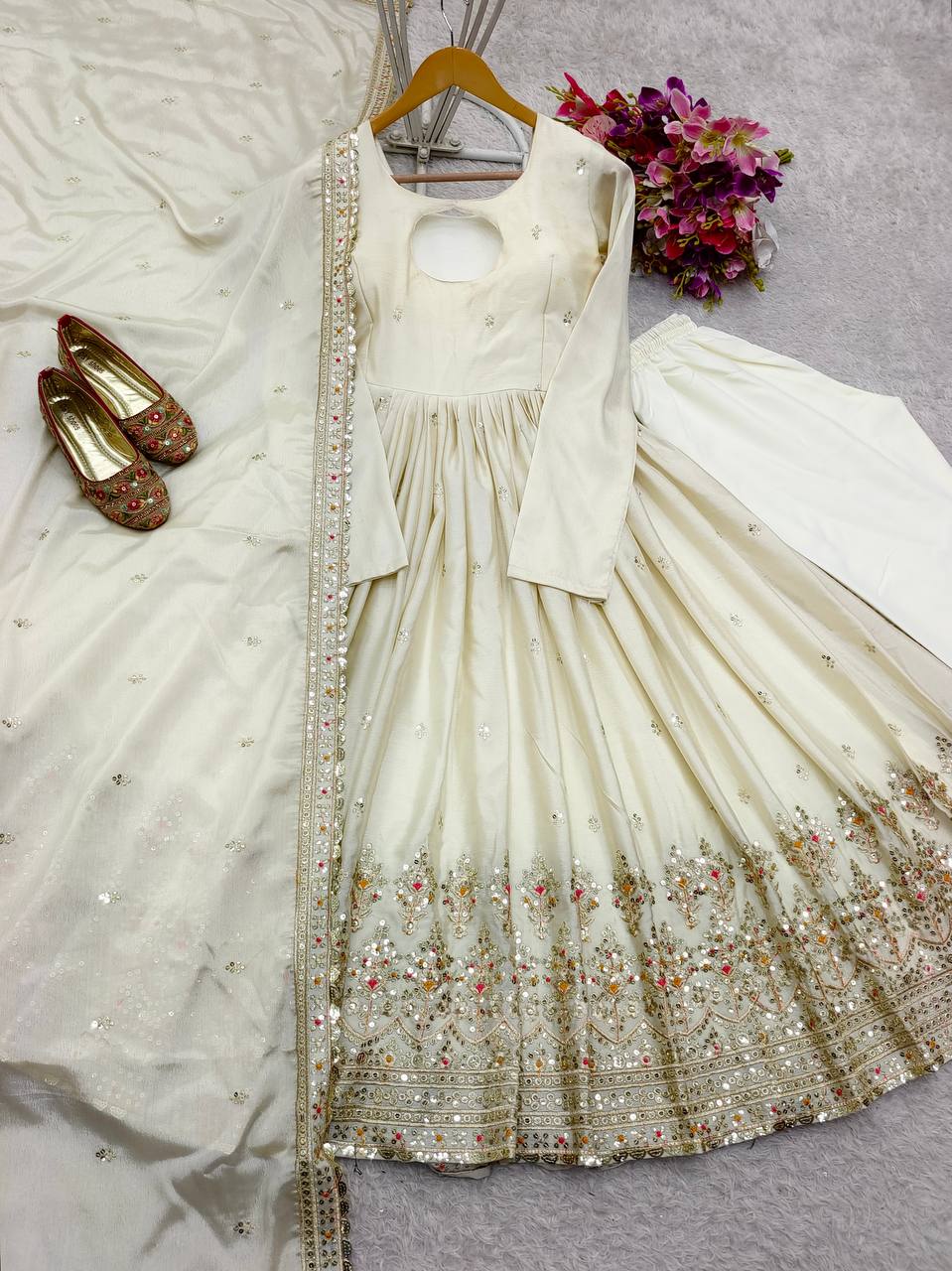 Wedding Wear White Color Pure Chinon Silk With Heavy Embroidery Sequence Work Anarkali Suit