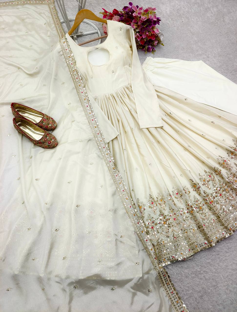 Wedding Wear White Color Pure Chinon Silk With Heavy Embroidery Sequence Work Anarkali Suit