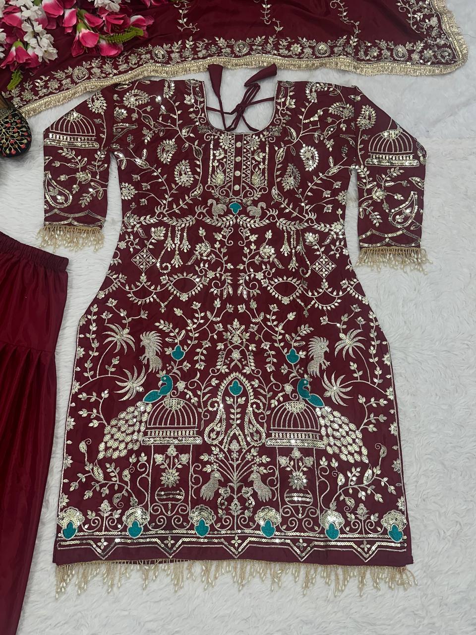Stylish Maroon Color Natural Crepe With Heavy Embroidery Sequence Work Dhoti Suit