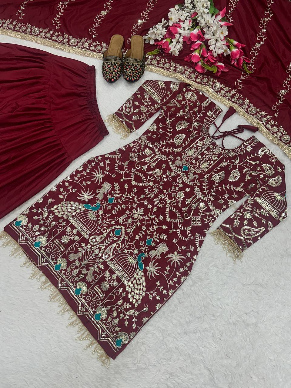Stylish Maroon Color Natural Crepe With Heavy Embroidery Sequence Work Dhoti Suit