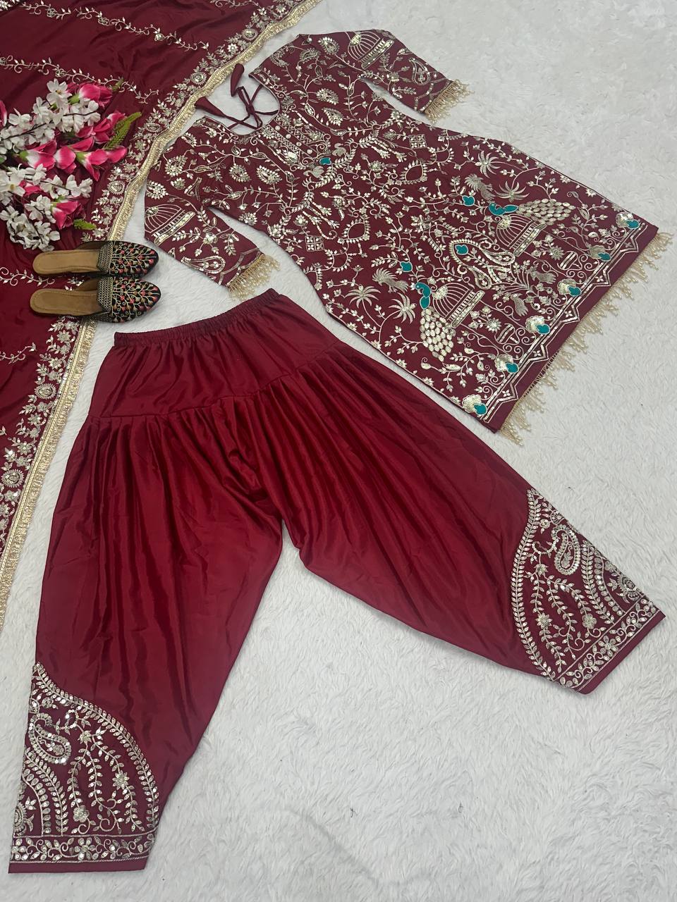 Stylish Maroon Color Natural Crepe With Heavy Embroidery Sequence Work Dhoti Suit