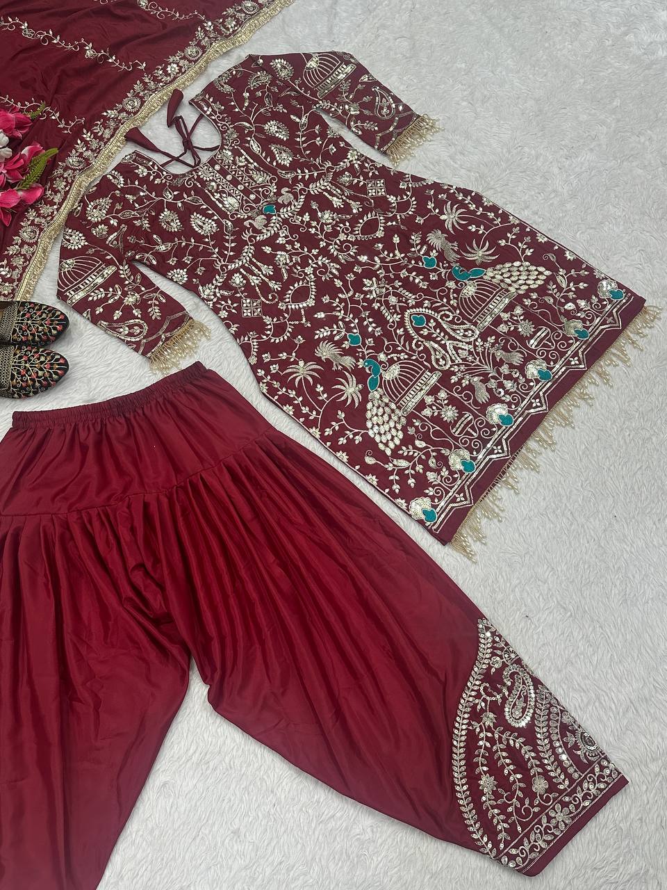 Stylish Maroon Color Natural Crepe With Heavy Embroidery Sequence Work Dhoti Suit