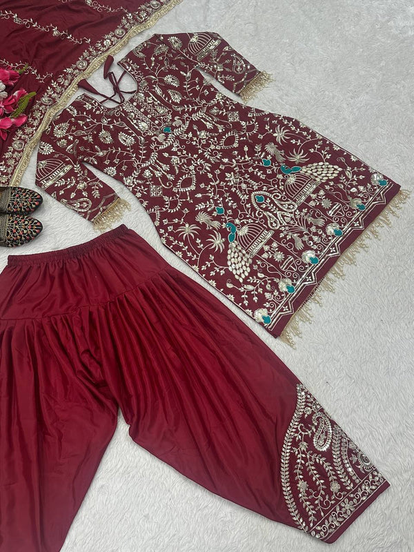 Stylish Maroon Color Natural Crepe With Heavy Embroidery Sequence Work Dhoti Suit