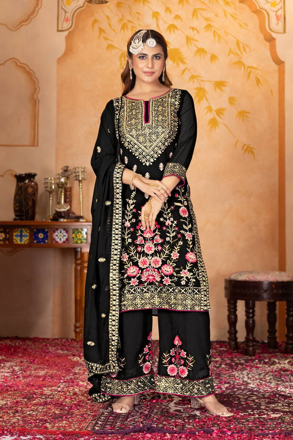 Party Wear Black Color Heavy Fuax Georgette Embroidery Sequences Work With Real Mirror Hand Work Palazzo Suit