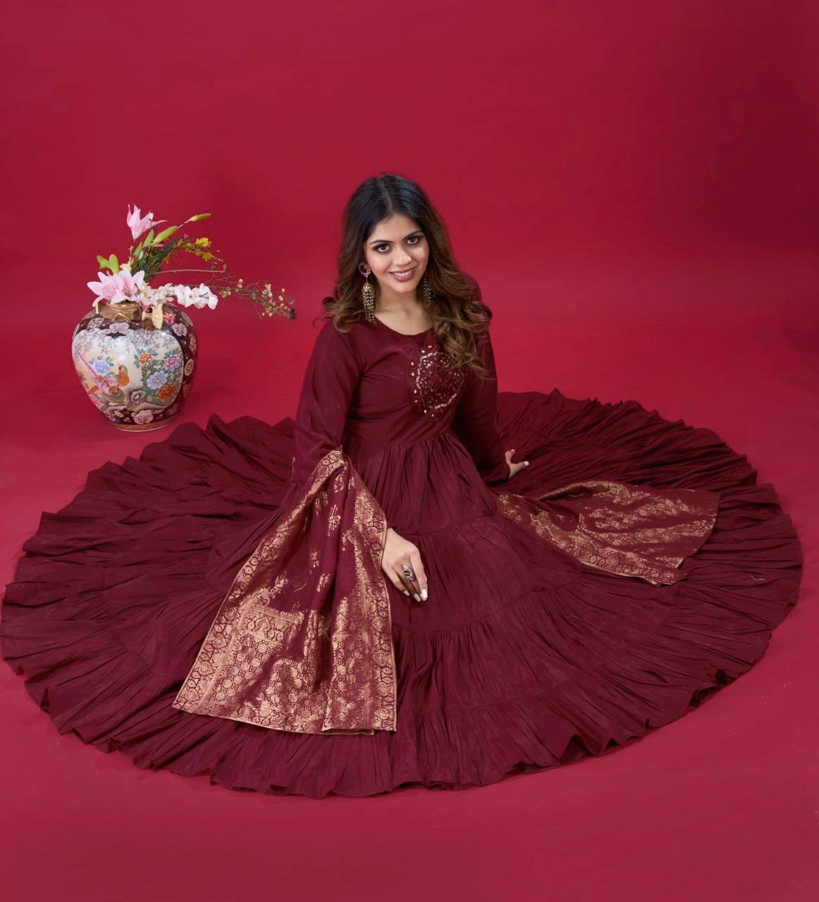 Reception Wear Maroon Color Heavy Roman Silk With Embroidery Sequence Work Anarkali Gown