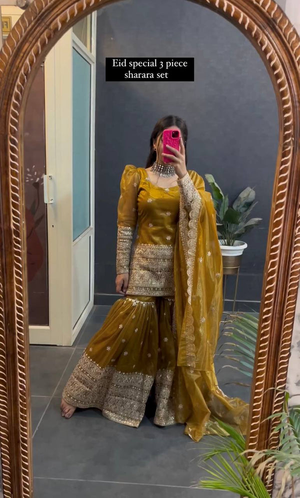 Ceremony Wear Haldi Special Yellow Color Pure Soft Twine Net With Heavy Embroidery Work Sharara Suit