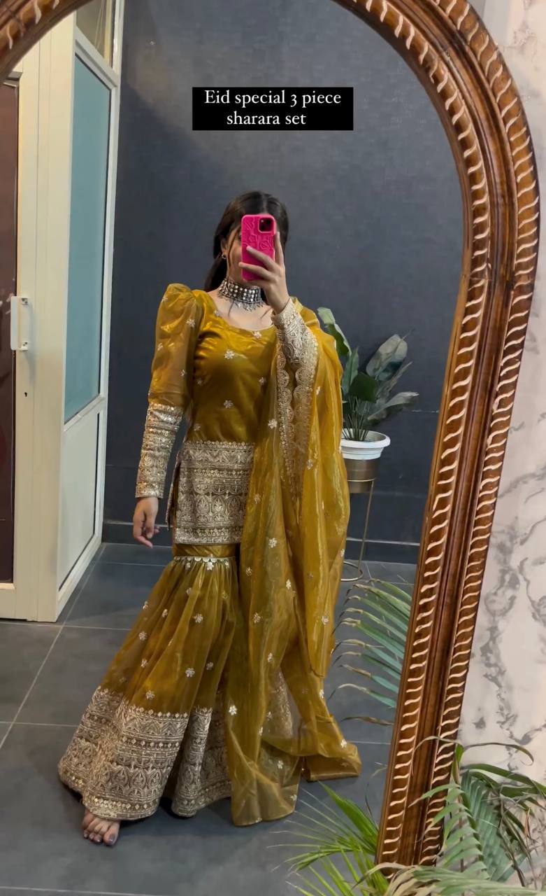Ceremony Wear Haldi Special Yellow Color Pure Soft Twine Net With Heavy Embroidery Work Sharara Suit