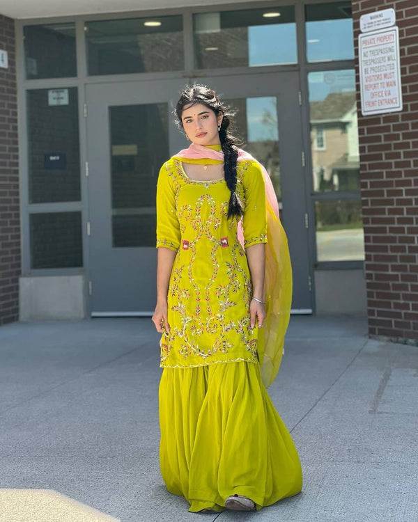 Exclusive Lemon Color Georgette Sharara Set