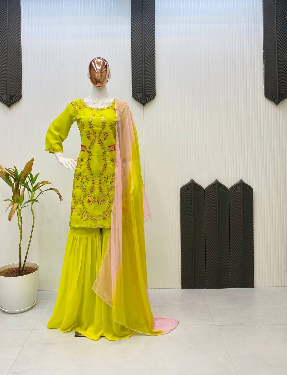 Exclusive Lemon Color Georgette Sharara Set