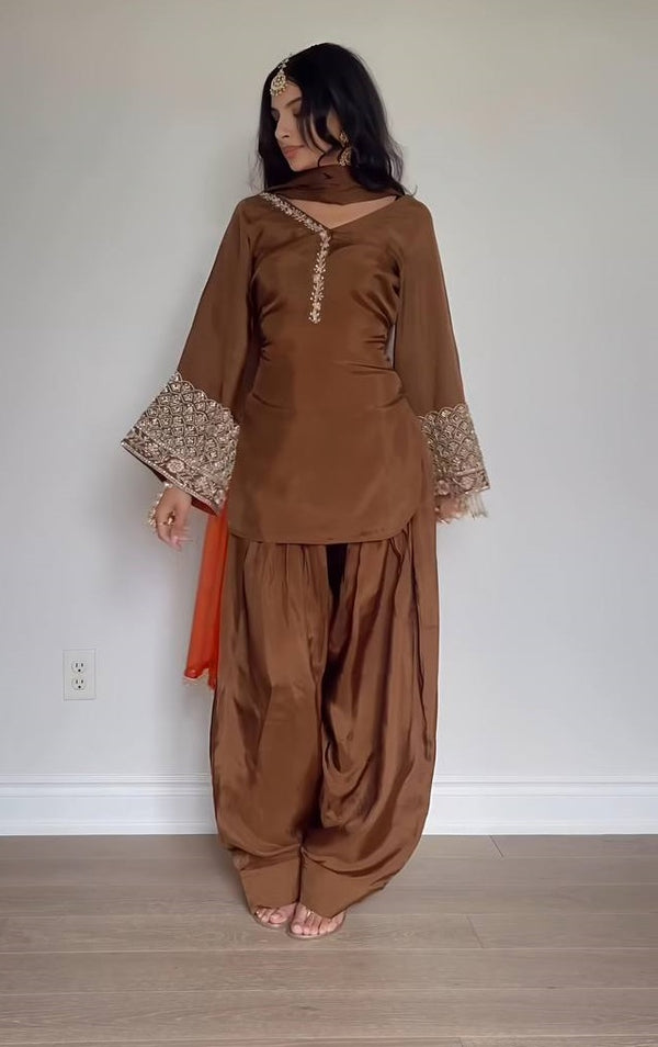 Party Wear Dark Mustard Color Natural Satin Silk With Embroidery Sequence Work Palazzo Suit