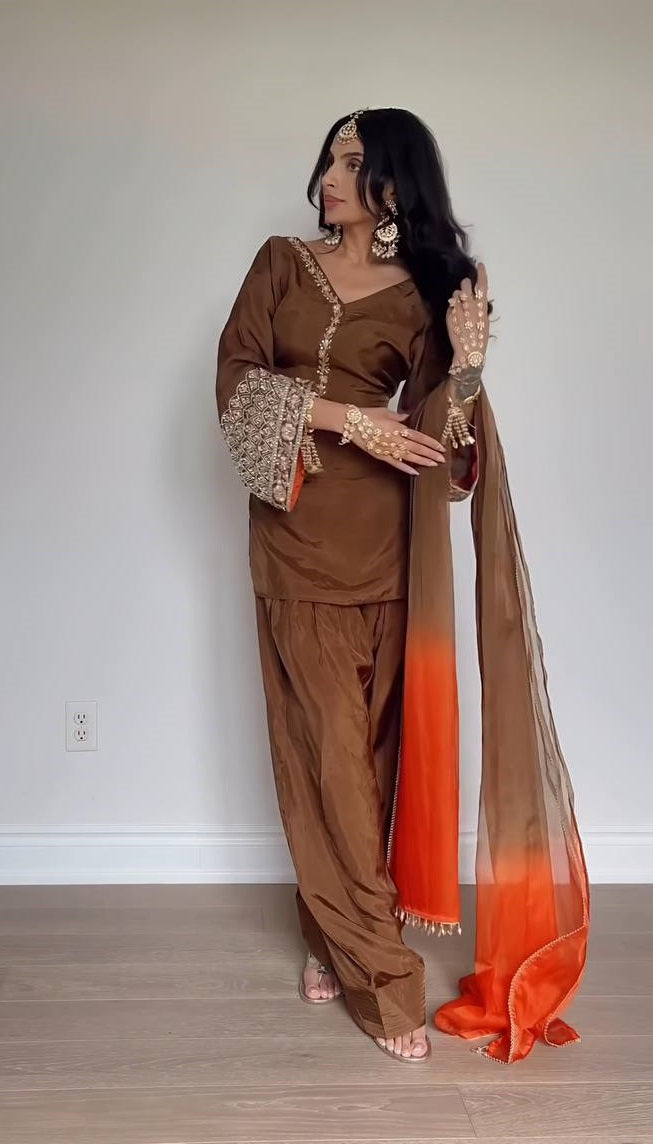Party Wear Dark Mustard Color Natural Satin Silk With Embroidery Sequence Work Palazzo Suit