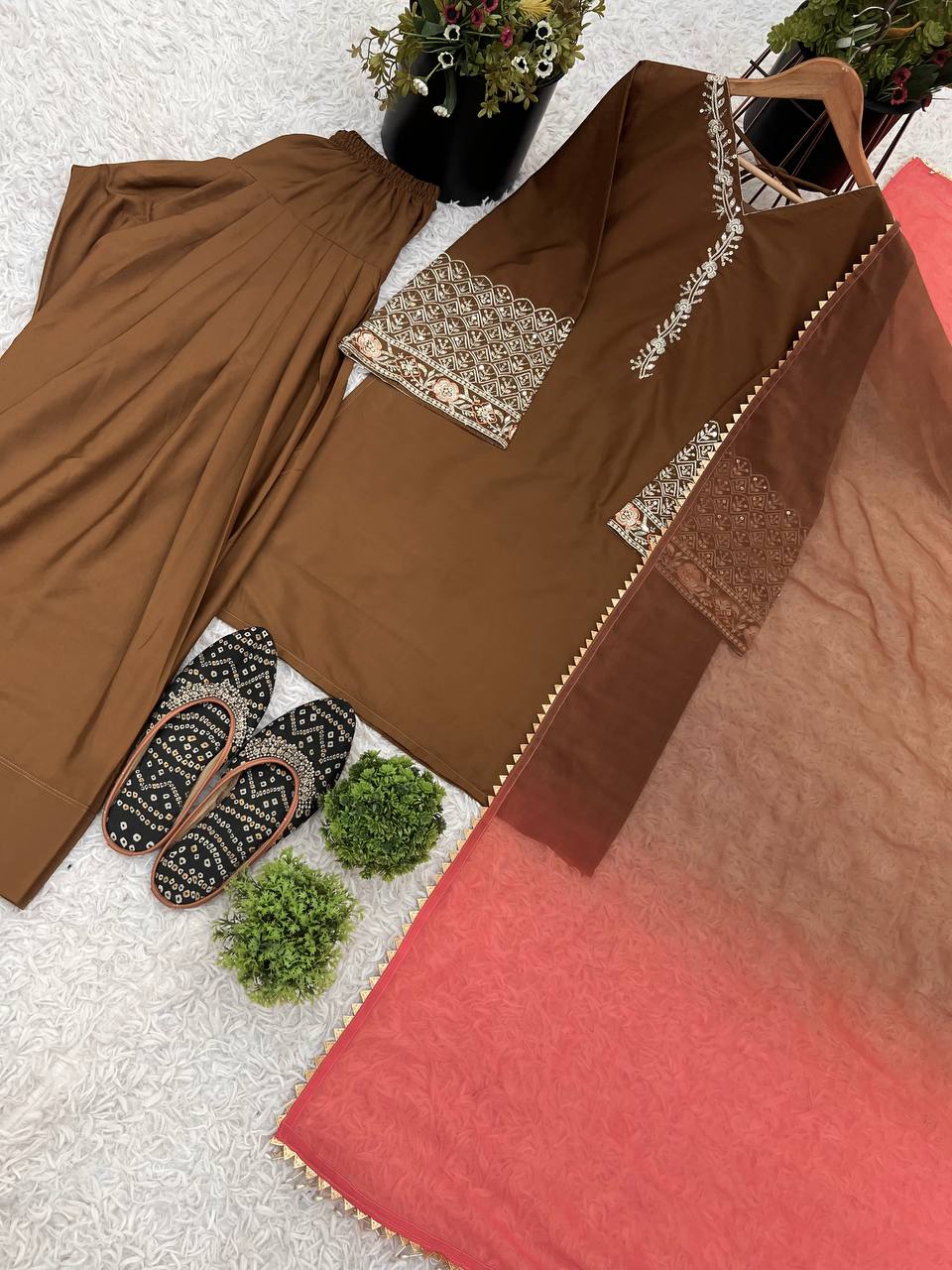 Party Wear Dark Mustard Color Natural Satin Silk With Embroidery Sequence Work Palazzo Suit
