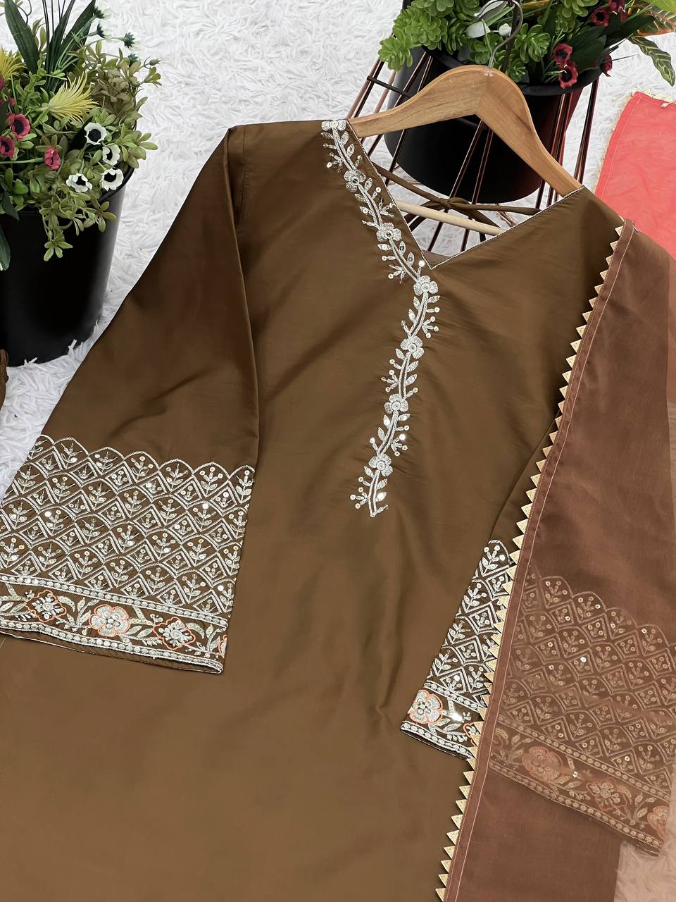 Party Wear Dark Mustard Color Natural Satin Silk With Embroidery Sequence Work Palazzo Suit