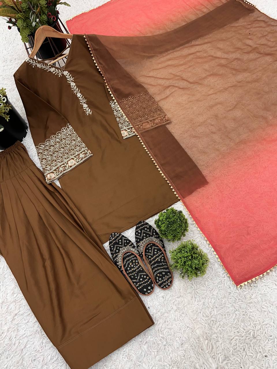 Party Wear Dark Mustard Color Natural Satin Silk With Embroidery Sequence Work Palazzo Suit