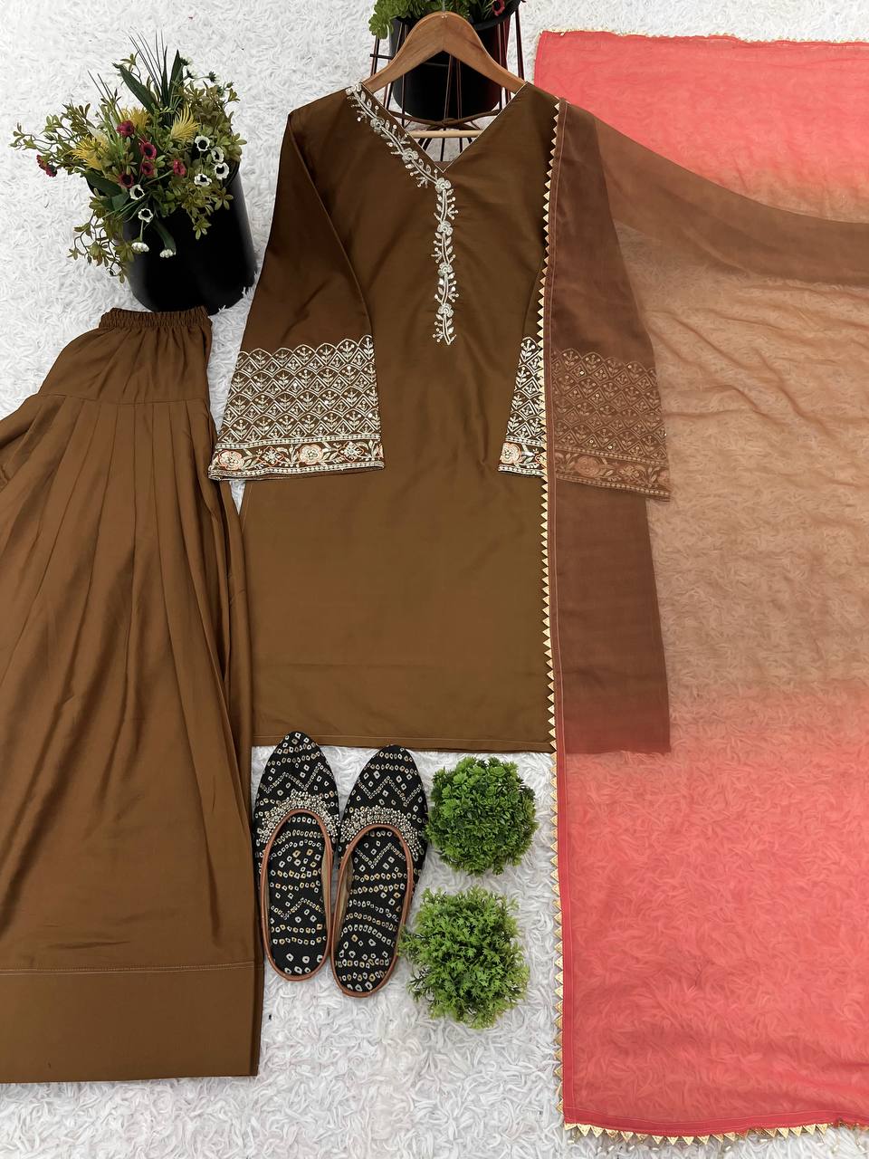 Party Wear Dark Mustard Color Natural Satin Silk With Embroidery Sequence Work Palazzo Suit